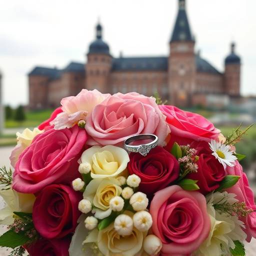 Detaljebillede af vielsesringe på en blomstrende brudebuket, taget ved et bryllup på Kronborg Slot.