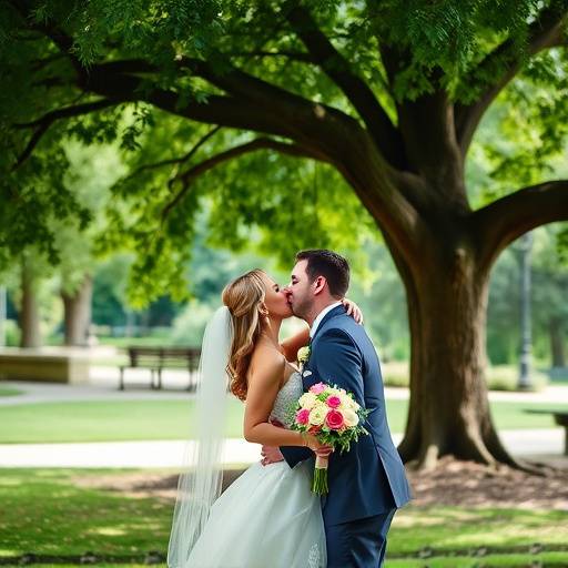 Et brudepar der kysser under et træ i en park, fanget i et romantisk bryllupsfoto.