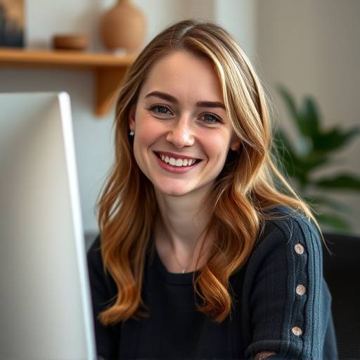 Portræt af Emma Christiansen, billedredigering og kundeservice hos Lys & Skygge Fotografi. Hun sidder foran en computer og smiler.