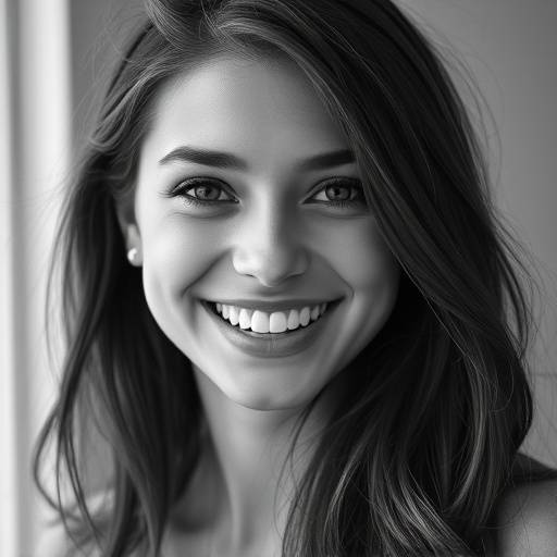 Sort-hvid portræt af en ung kvinde med et varmt smil, fotograferet i naturligt lys.